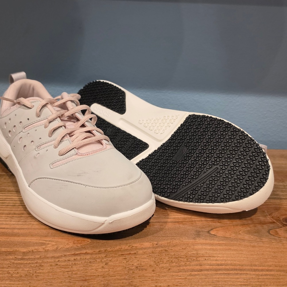 Crocs Womens On The Clock Work Sneaker Grey Pink Slip Resistant 209476-1FS Sz 12